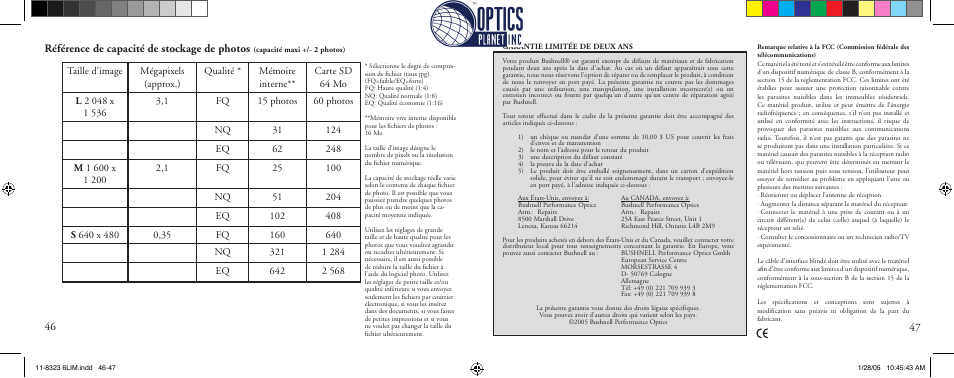 Référence de capacité de stockage de photos | Bushnell Instant Replay 11-8323 User Manual | Page 24 / 73