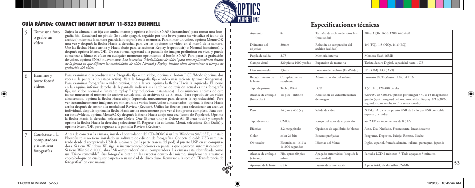 Especiﬁcaciones técnicas | Bushnell Instant Replay 11-8323 User Manual | Page 27 / 73