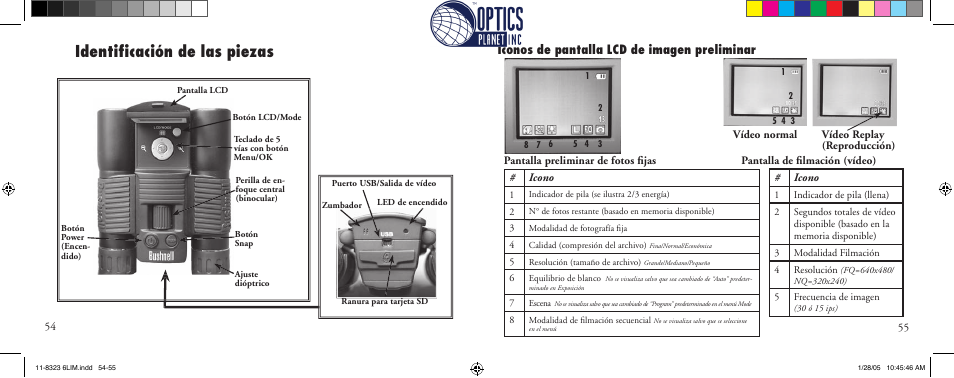 Identiﬁ cación de las piezas, Iconos de pantalla lcd de imagen preliminar | Bushnell Instant Replay 11-8323 User Manual | Page 28 / 73