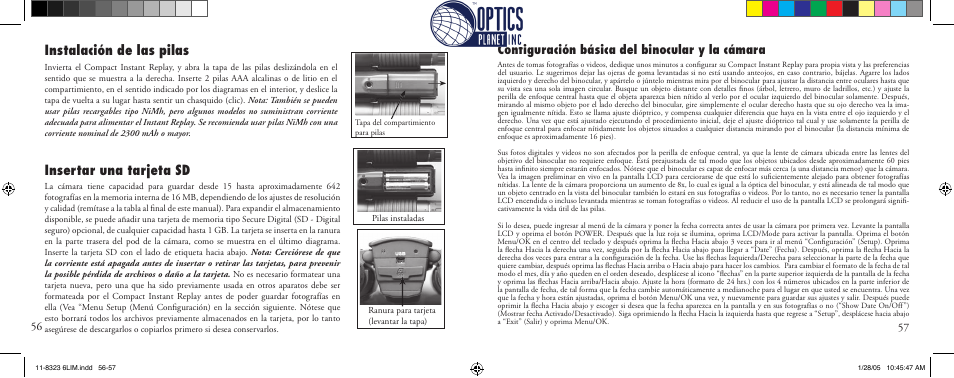 Instalación de las pilas insertar una tarjeta sd, Conﬁ guración básica del binocular y la cámara | Bushnell Instant Replay 11-8323 User Manual | Page 29 / 73
