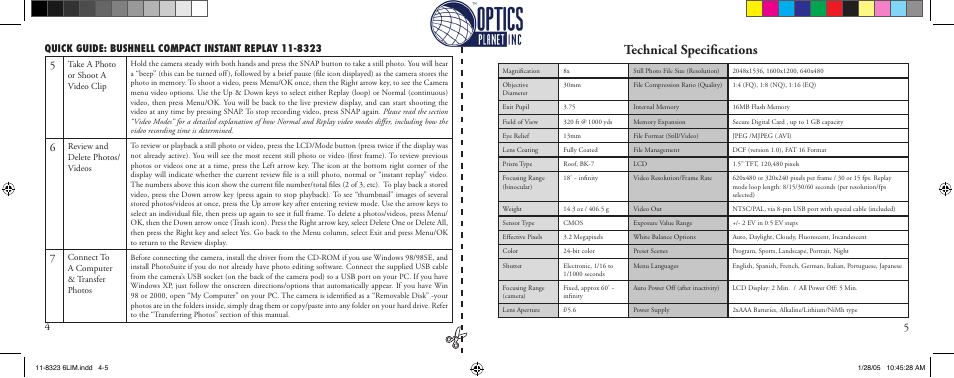 Technical speciﬁcations | Bushnell Instant Replay 11-8323 User Manual | Page 3 / 73
