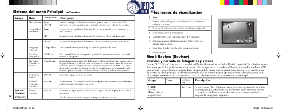 Menú review (revisar), Sistema del menú principal, Ver los iconos de visualización | Revisión y borrado de fotografías y vídeos | Bushnell Instant Replay 11-8323 User Manual | Page 33 / 73