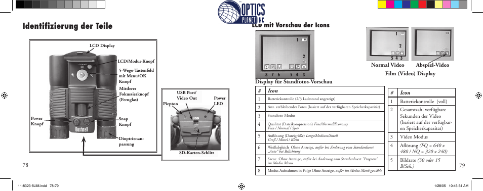 Identiﬁ zierung der teile, Lcd mit vorschau der icons | Bushnell Instant Replay 11-8323 User Manual | Page 40 / 73