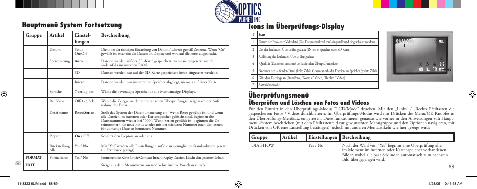 Überprüfungsmenü, Hauptmenü system fortsetzung, Icons im überprüfungs-display | Überprüfen und löschen von fotos und videos | Bushnell Instant Replay 11-8323 User Manual | Page 45 / 73