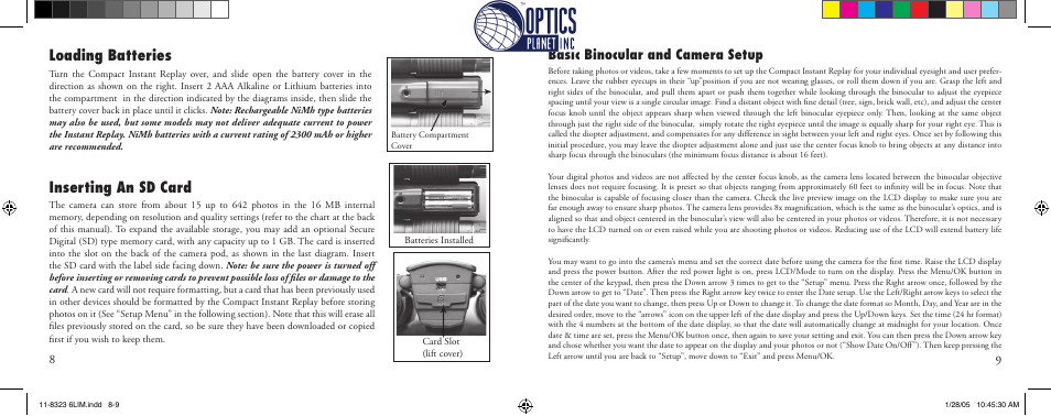 Loading batteries inserting an sd card, Basic binocular and camera setup | Bushnell Instant Replay 11-8323 User Manual | Page 5 / 73
