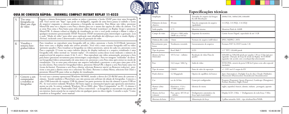 Especiﬁcações técnicas | Bushnell Instant Replay 11-8323 User Manual | Page 63 / 73