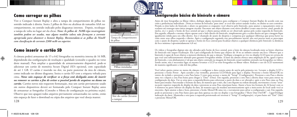 Como carregar as pilhas como inserir o cartão sd, Conﬁ guração básica do binóculo e câmara | Bushnell Instant Replay 11-8323 User Manual | Page 65 / 73