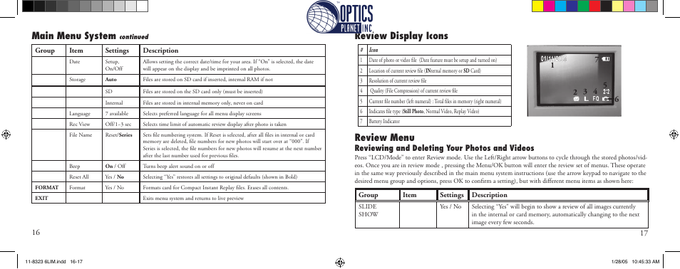 Review menu, Main menu system, Review display icons | Reviewing and deleting your photos and videos | Bushnell Instant Replay 11-8323 User Manual | Page 9 / 73