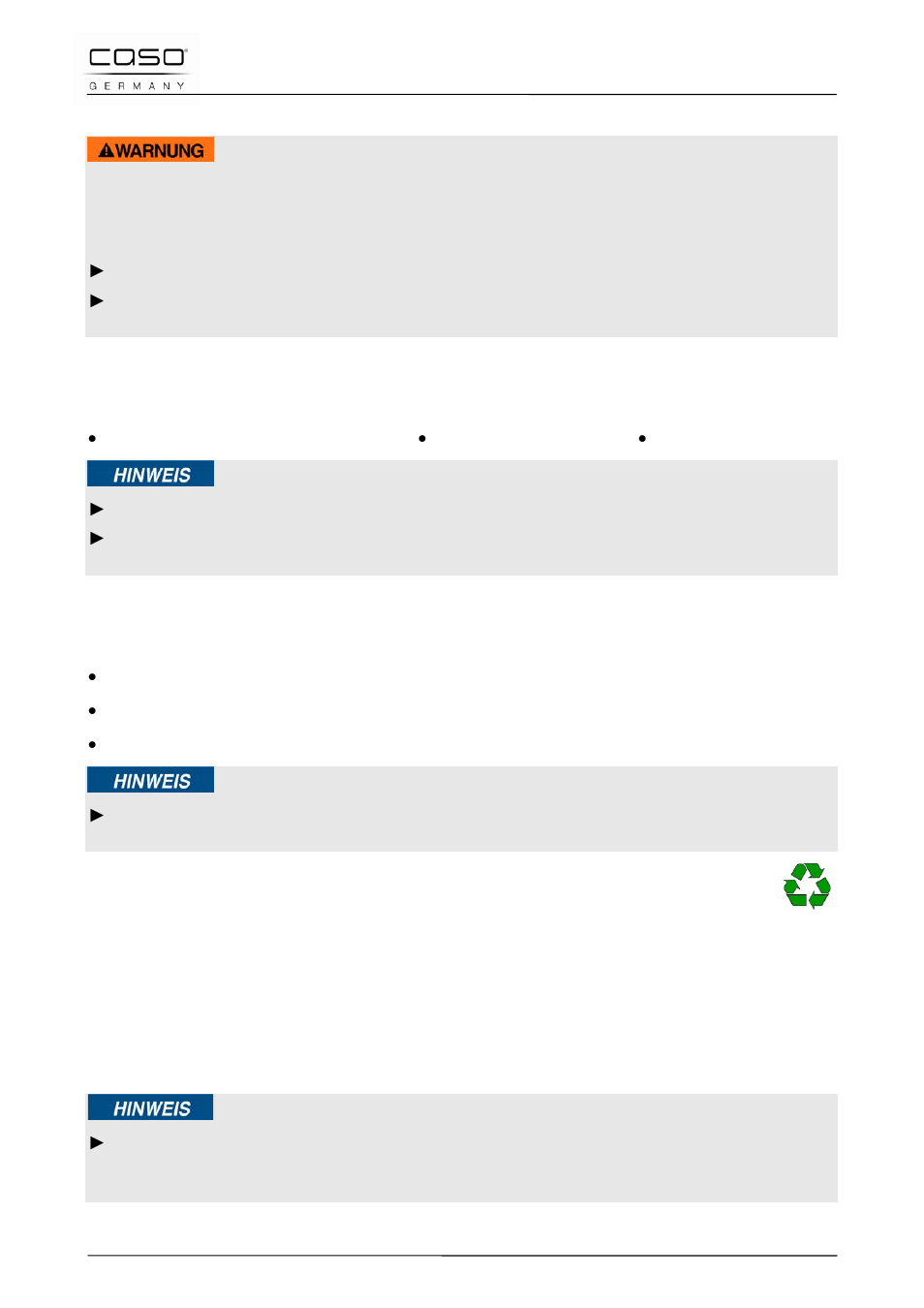 1 consignes de sécurité, 2 inventaire et contrôle de transport, 3 déballage | 4 elimination des emballages, Attention, Remarque | CASO Germany WineDuett 12 User Manual | Page 39 / 83