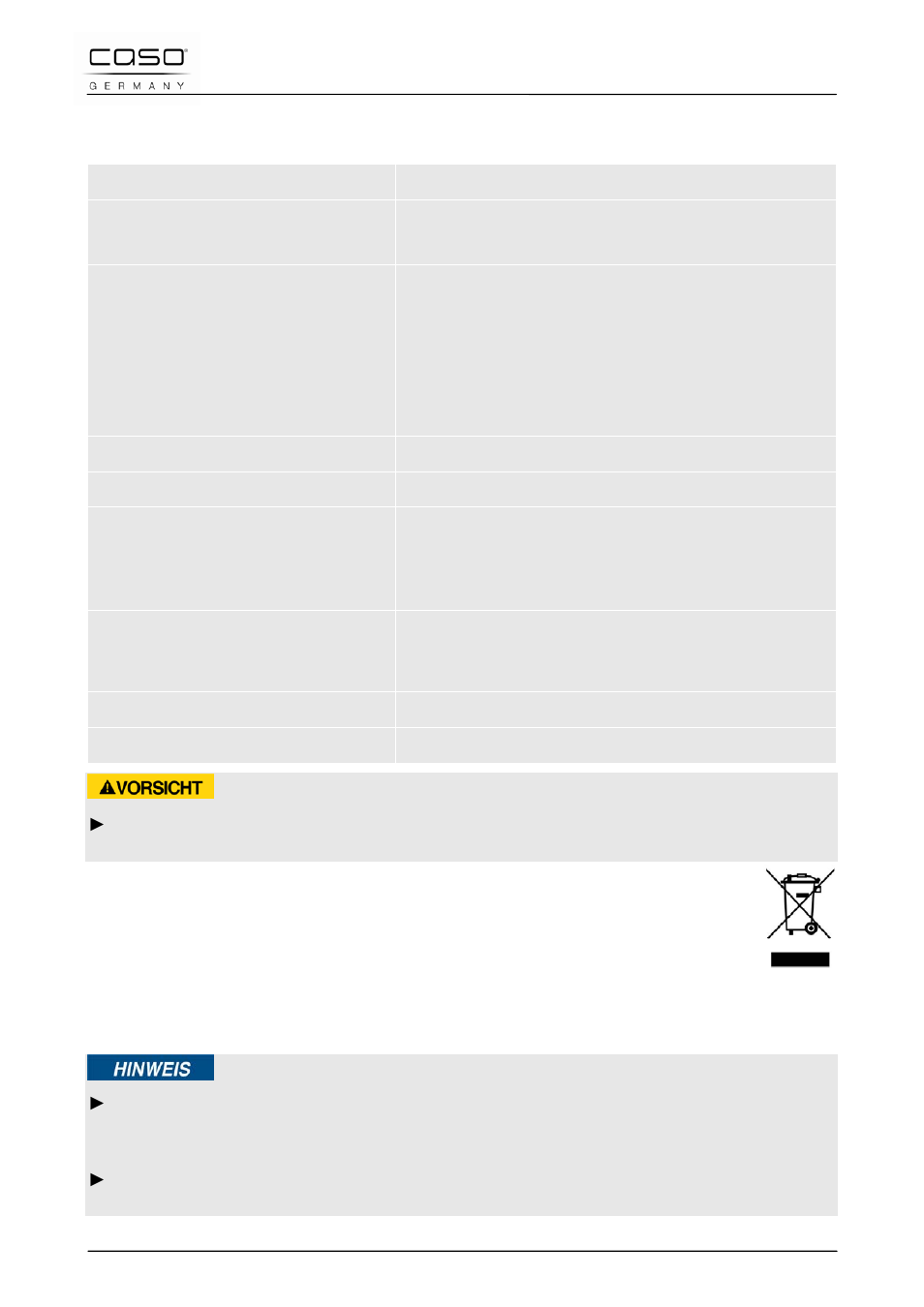 2 oorzaken van de storingen en het verhelpen, 48 afvoer van het oude apparaat, Voorzichtig | CASO Germany WineDuett 12 User Manual | Page 83 / 83