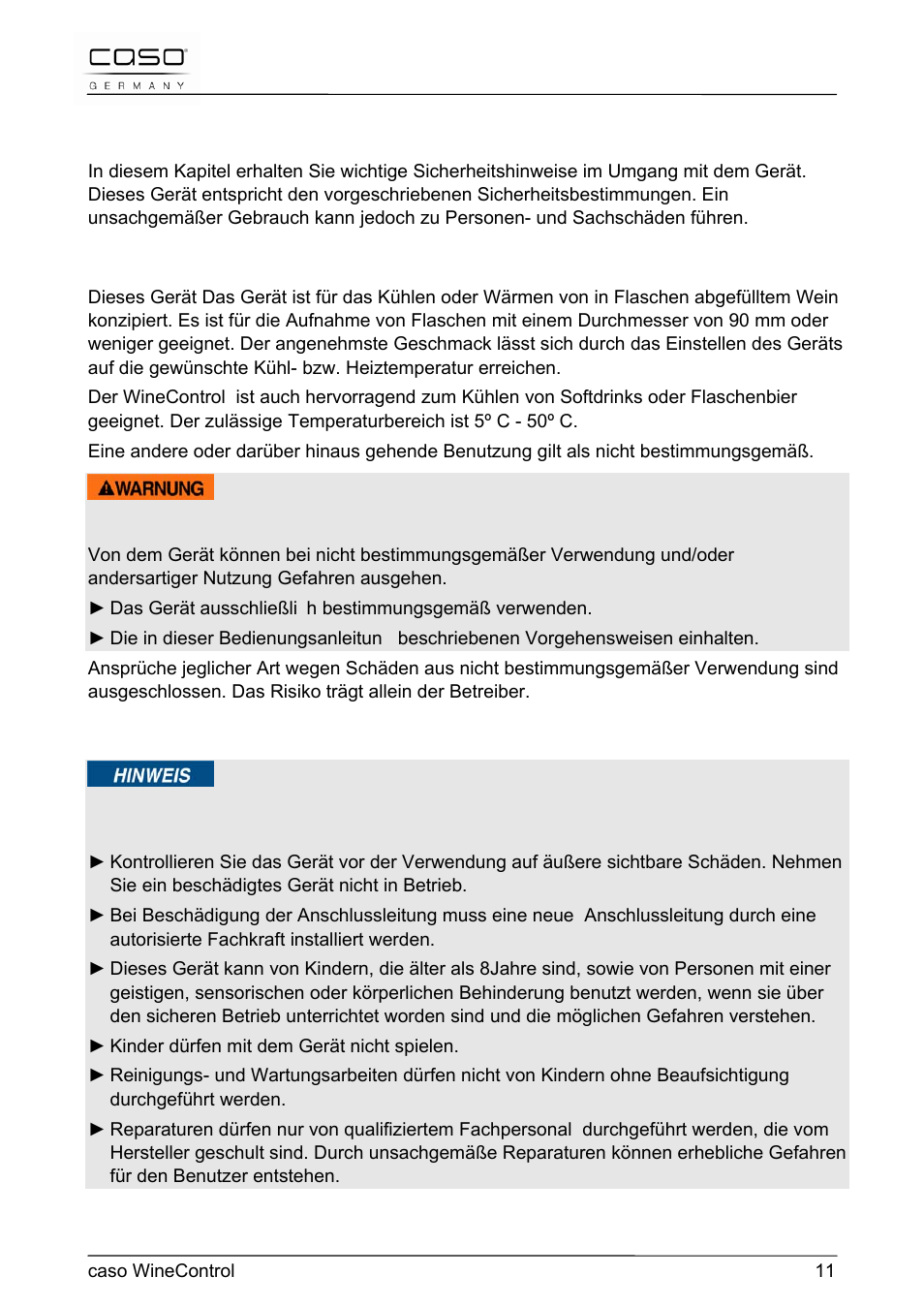 2 sicherheit | CASO Germany WineControl User Manual | Page 11 / 78