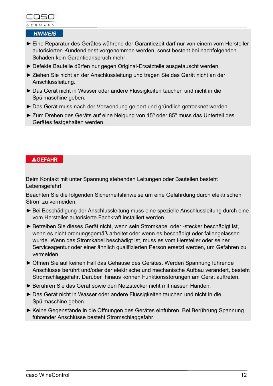 CASO Germany WineControl User Manual | Page 12 / 78