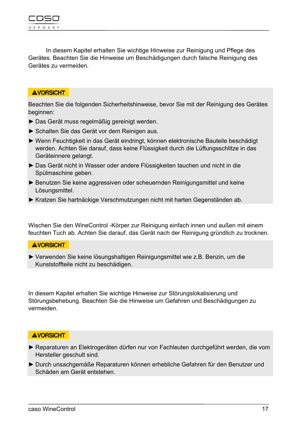 5 reinigung und pflege, 6 fehlerbehebung | CASO Germany WineControl User Manual | Page 17 / 78