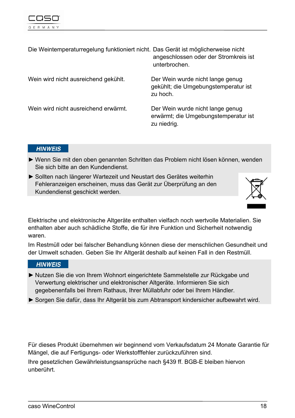 7 entsorgung des altgerätes, 8 garantie | CASO Germany WineControl User Manual | Page 18 / 78