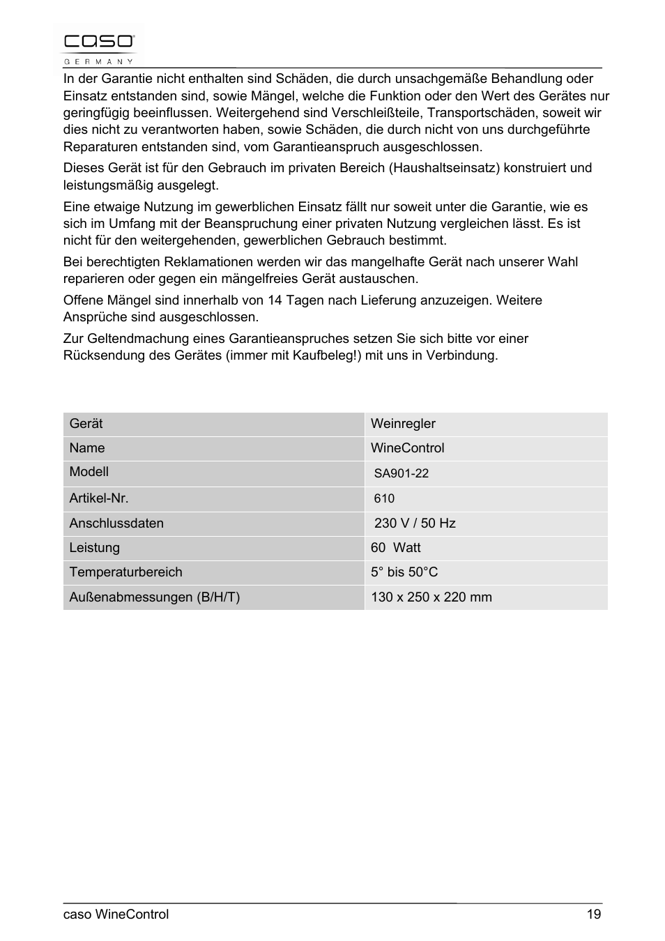 9 technische daten | CASO Germany WineControl User Manual | Page 19 / 78