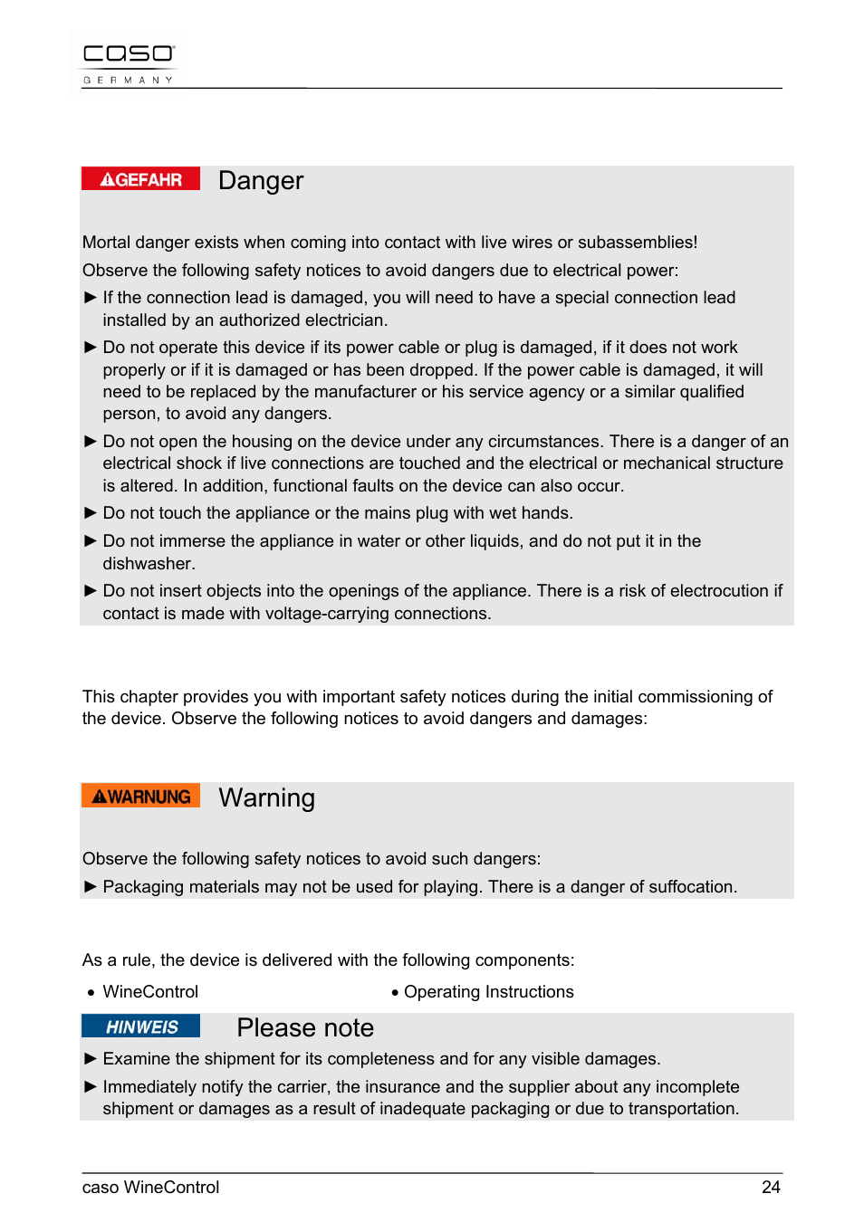 Danger, Warning, 12 commissioning | CASO Germany WineControl User Manual | Page 24 / 78
