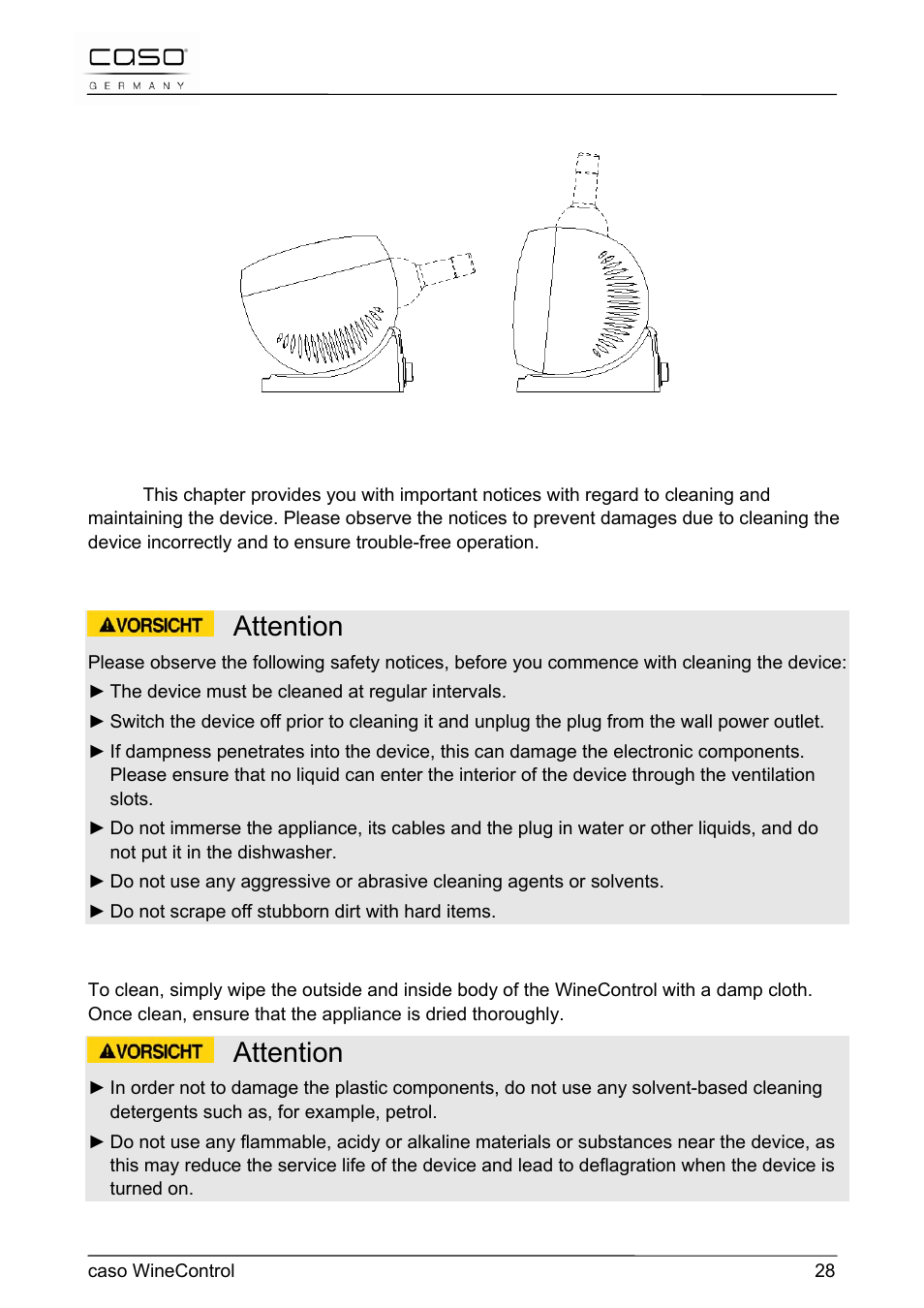 Attention, 14 cleaning and maintenance | CASO Germany WineControl User Manual | Page 28 / 78