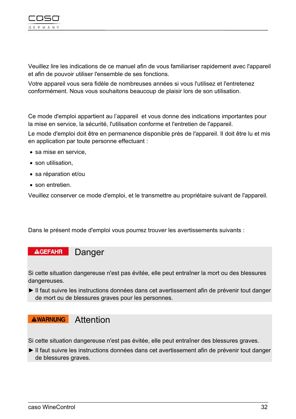 Danger, Attention, 19 mode d´emploi | CASO Germany WineControl User Manual | Page 32 / 78