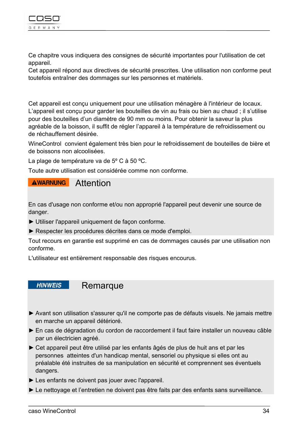 Attention, Remarque, 20 sécurité | CASO Germany WineControl User Manual | Page 34 / 78