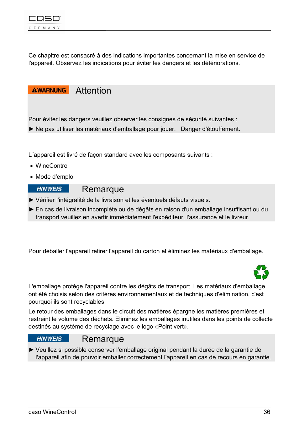 Attention, Remarque, 21 mise en service | CASO Germany WineControl User Manual | Page 36 / 78
