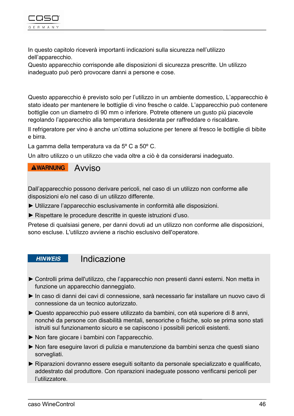 Avviso, Indicazione, 29 sicurezza | CASO Germany WineControl User Manual | Page 46 / 78