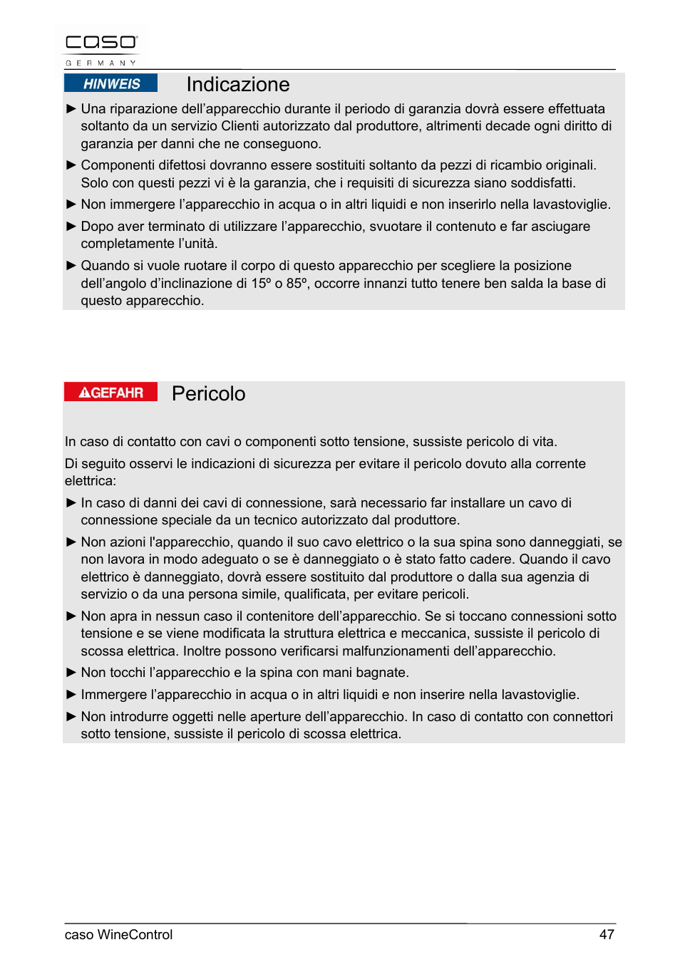 Indicazione, Pericolo | CASO Germany WineControl User Manual | Page 47 / 78