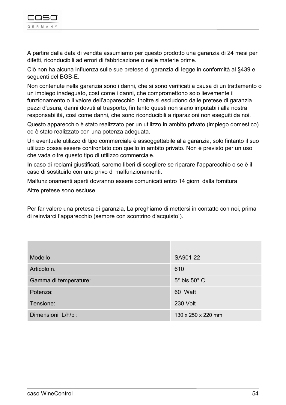 35 garanzia, 36 dati tecnici | CASO Germany WineControl User Manual | Page 54 / 78