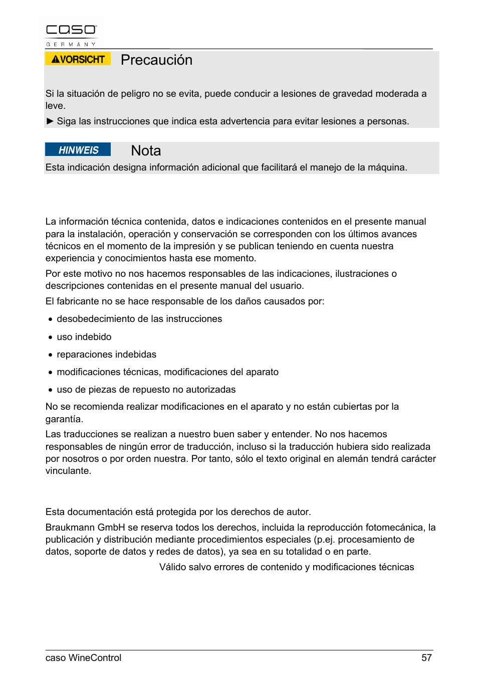 Precaución, Nota | CASO Germany WineControl User Manual | Page 57 / 78