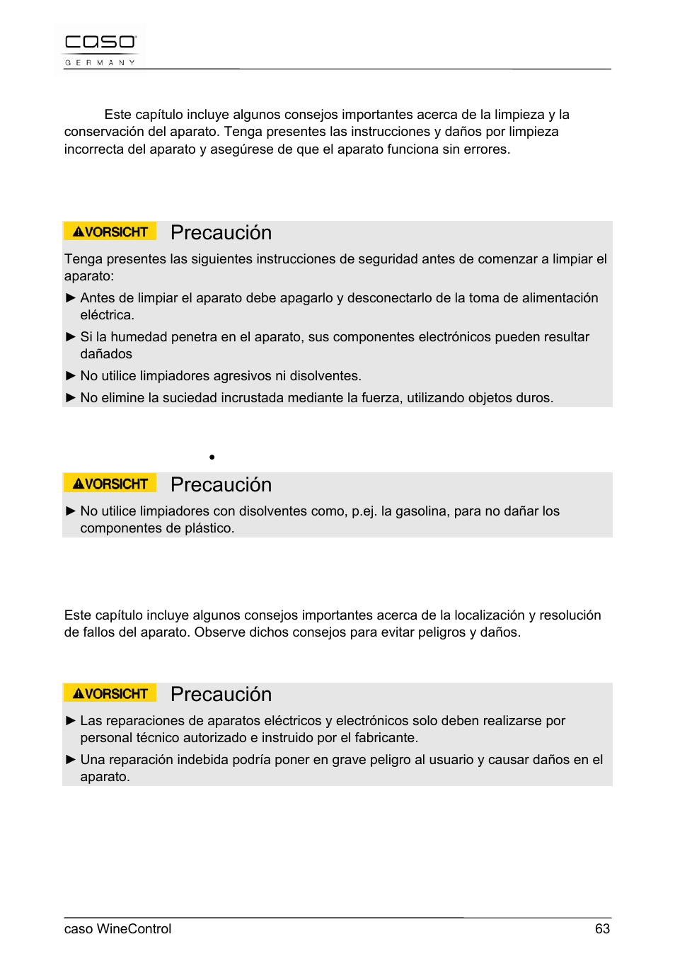 Precaución, 41 limpieza y conservación, 42 resolución de fallos | CASO Germany WineControl User Manual | Page 63 / 78
