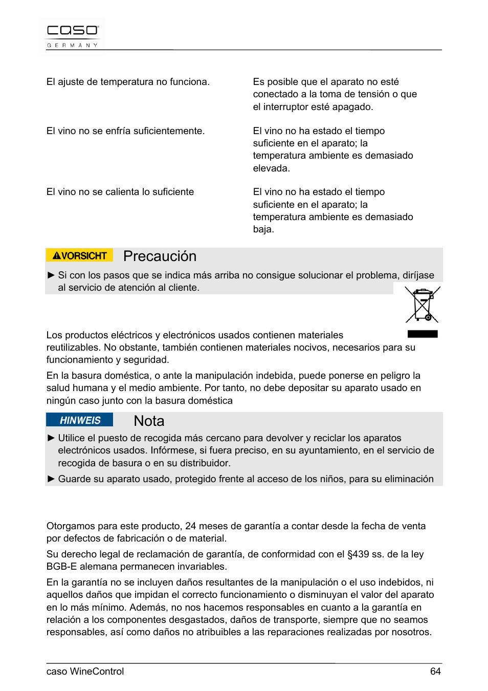 Precaución, Nota, 43 eliminación del aparato usado | 44 garantía | CASO Germany WineControl User Manual | Page 64 / 78