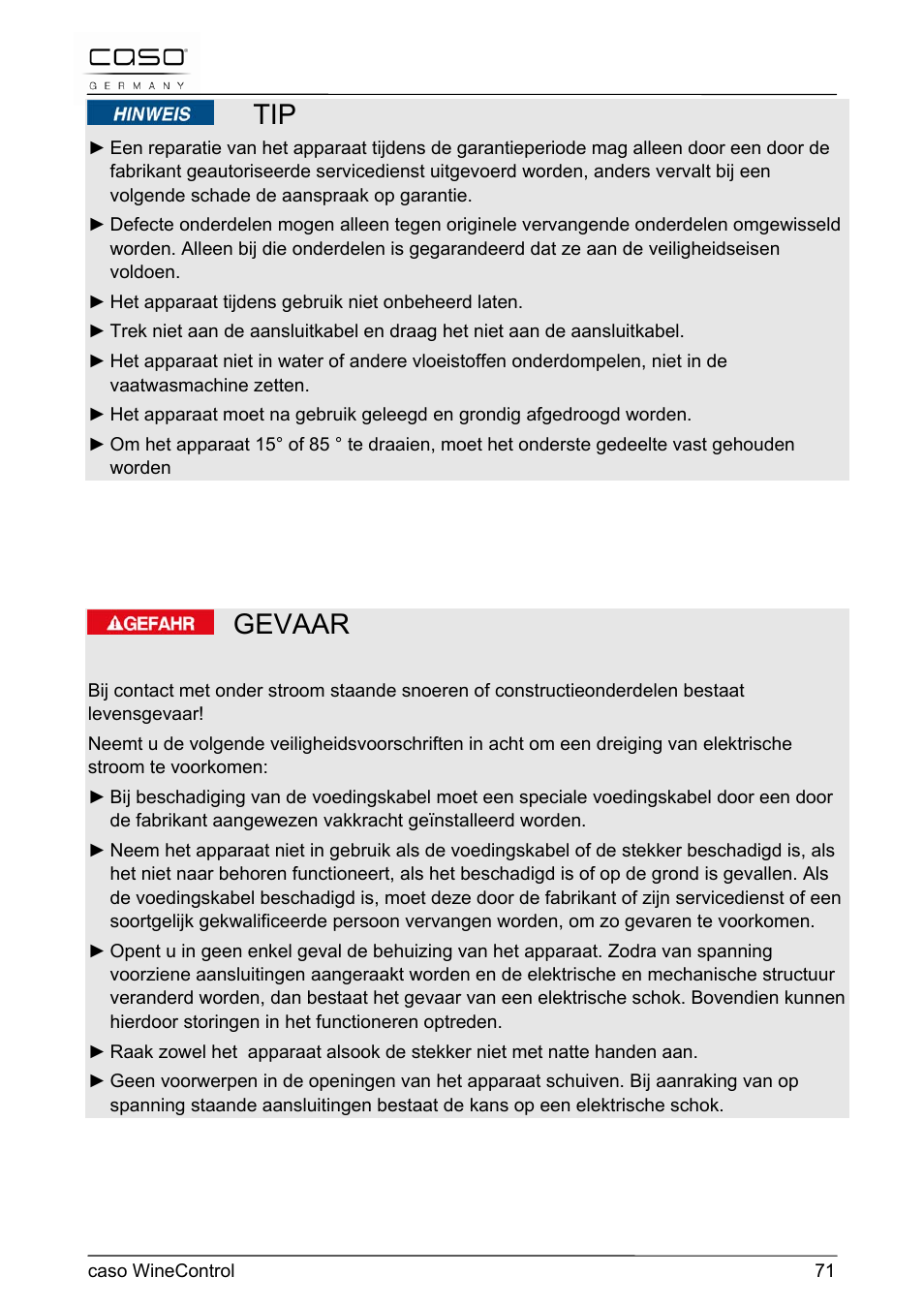 Gevaar | CASO Germany WineControl User Manual | Page 71 / 78