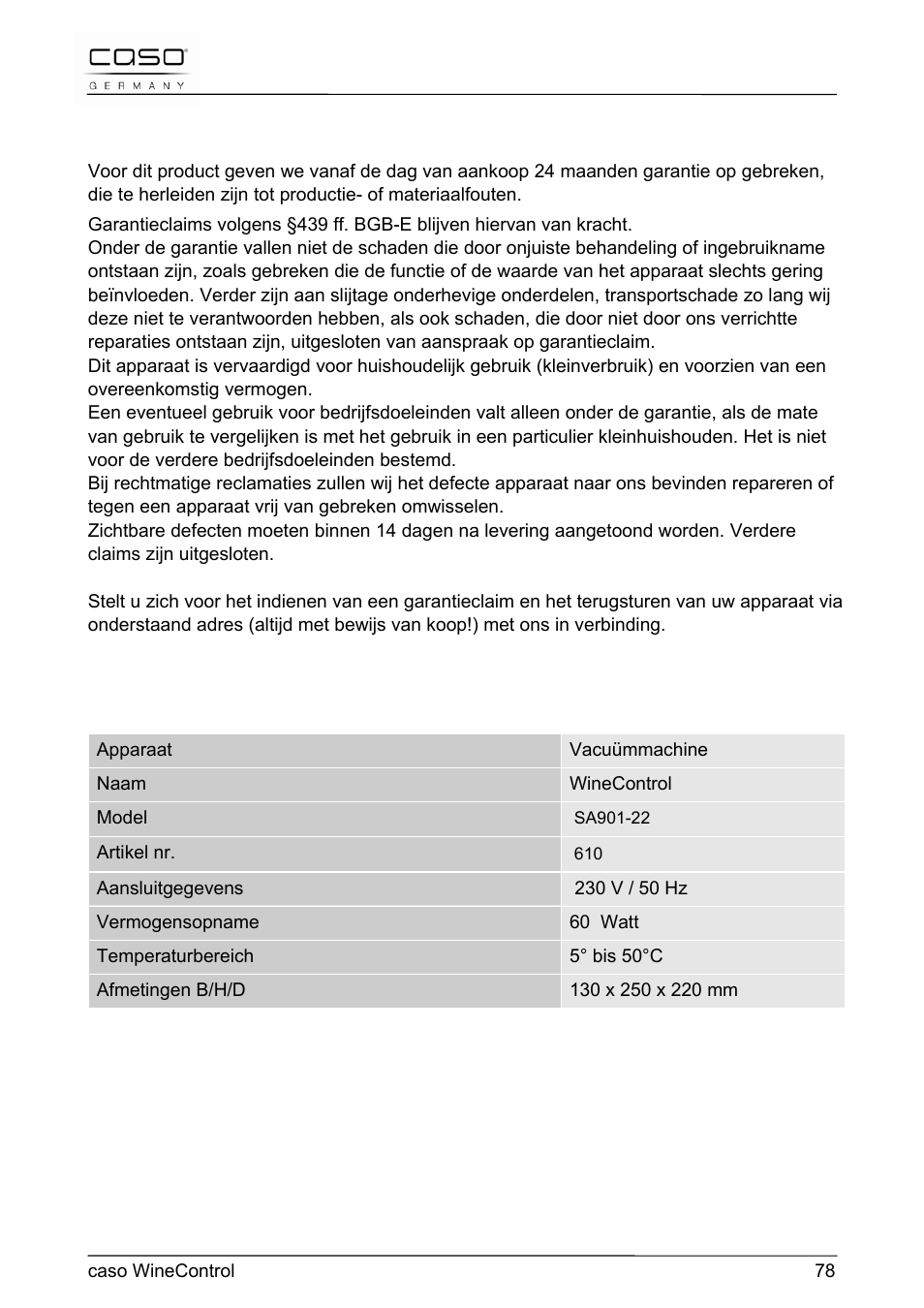 53 garantie, 54 technische gegevens | CASO Germany WineControl User Manual | Page 78 / 78