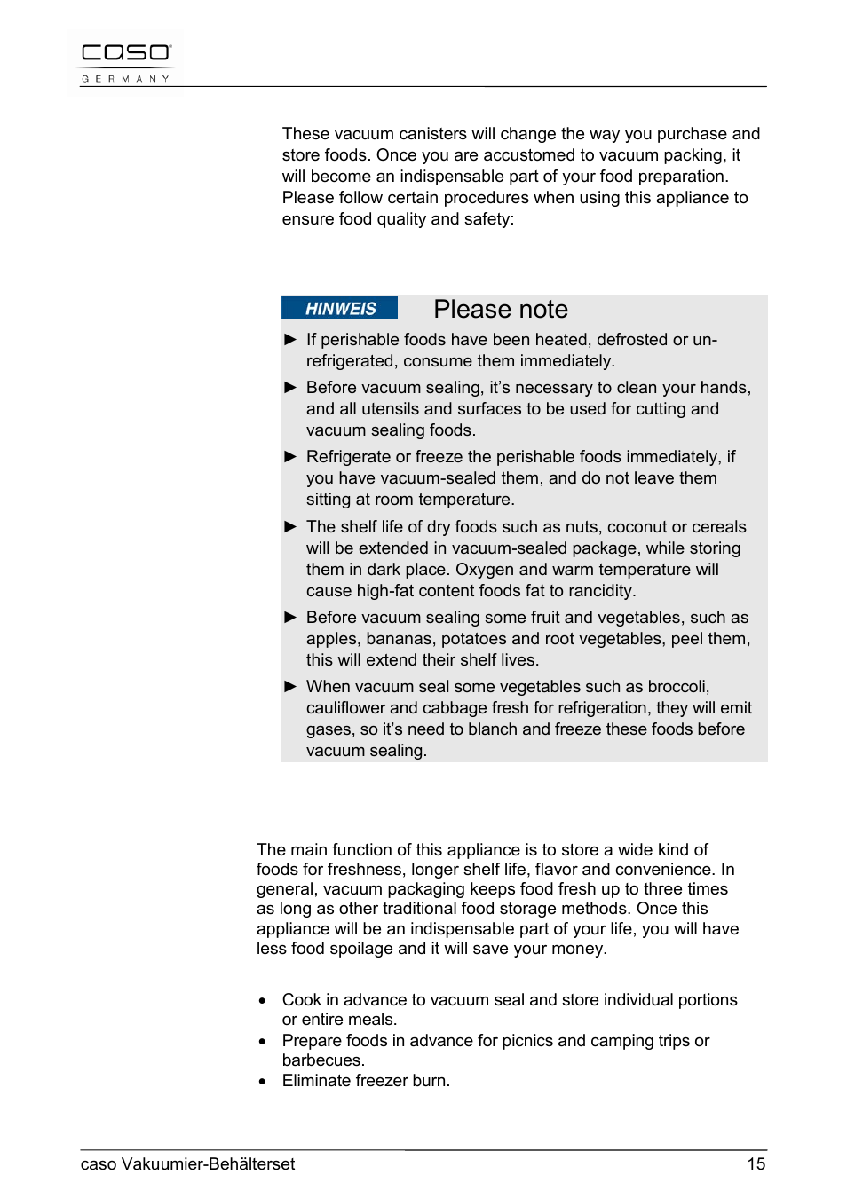 2 food storage safety information, 3 functions | CASO Germany Vacuum Canister Set User Manual | Page 15 / 53