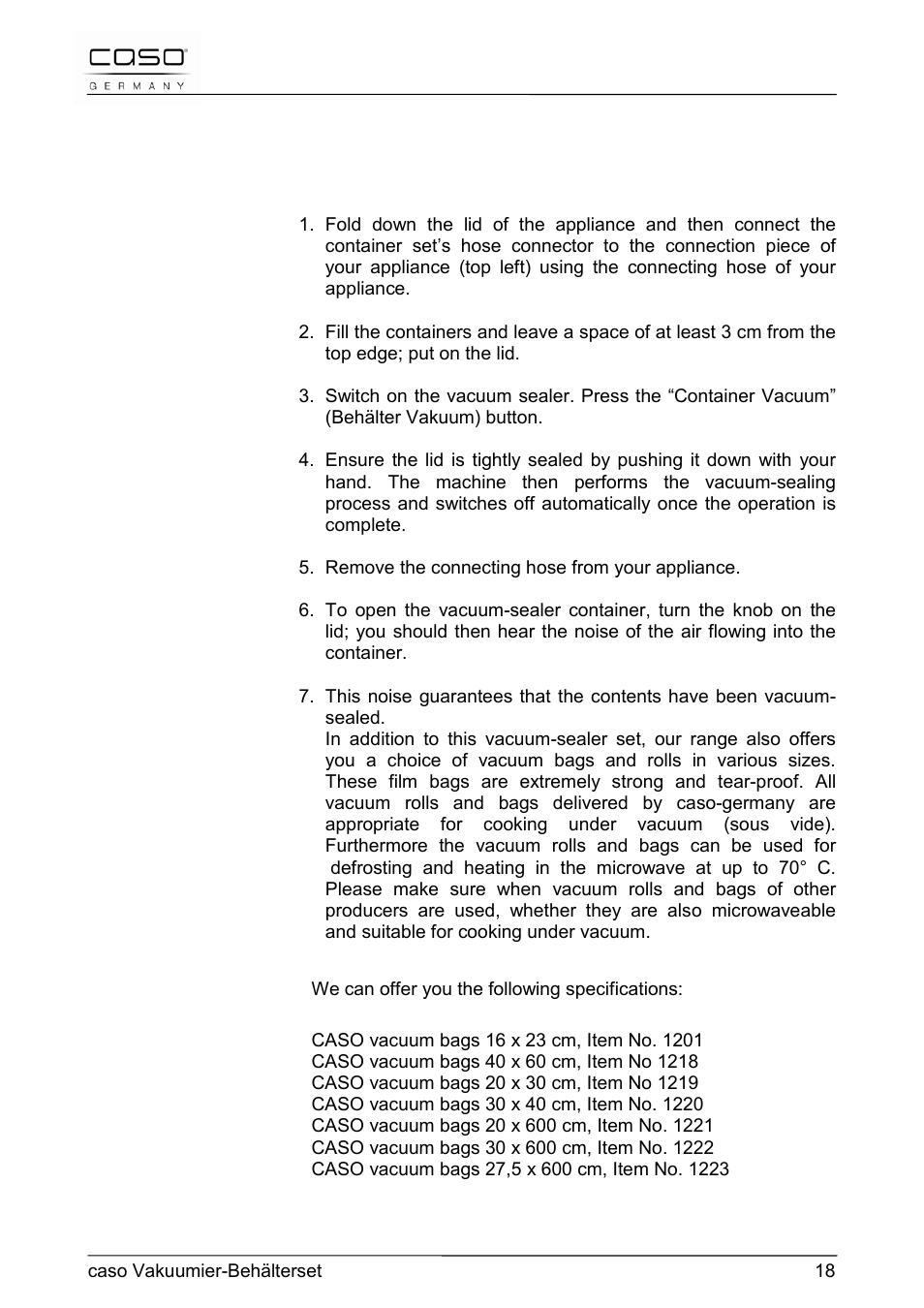 14 vacuum-sealing with the vc 100 and vc 200 | CASO Germany Vacuum Canister Set User Manual | Page 18 / 53