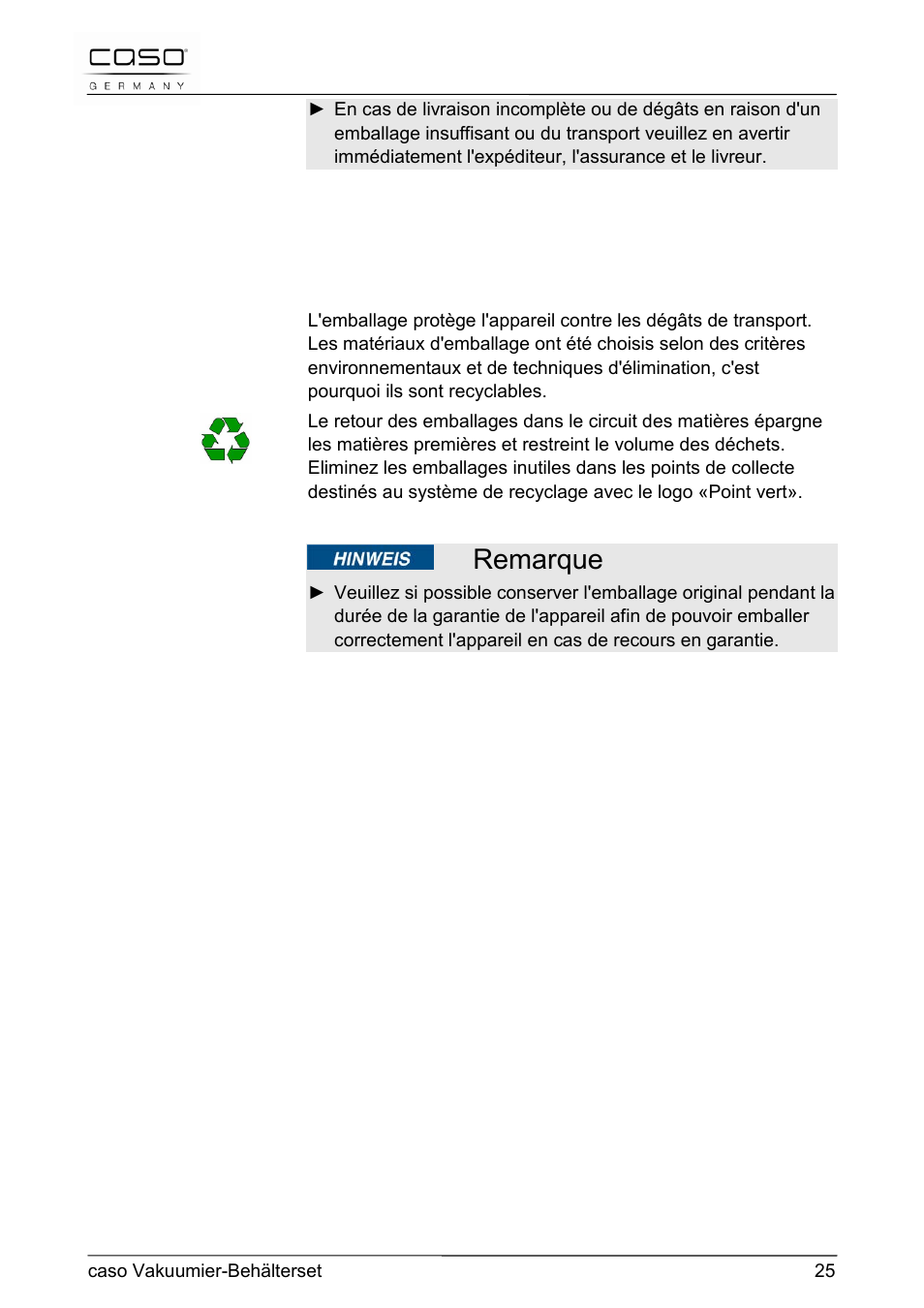5 elimination des emballages, Remarque, Sicherheit | CASO Germany Vacuum Canister Set User Manual | Page 25 / 53