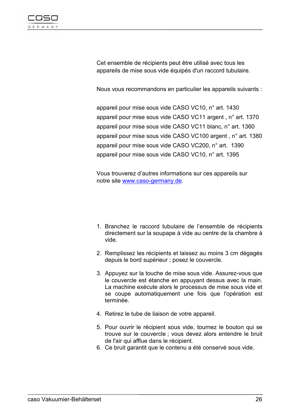 5 appareils de mise sous vide adaptés | CASO Germany Vacuum Canister Set User Manual | Page 26 / 53