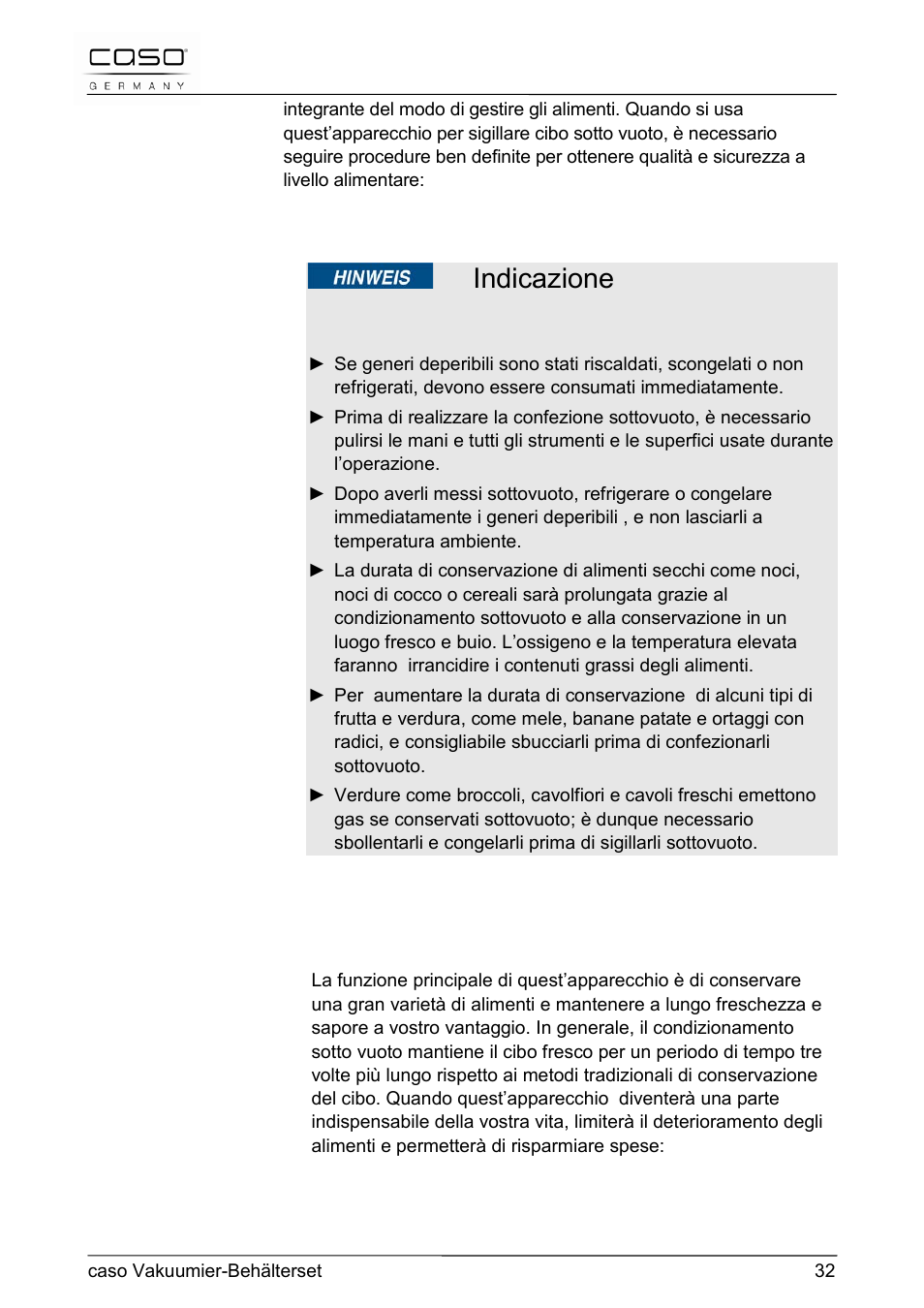 2 funzioni, Indicazione | CASO Germany Vacuum Canister Set User Manual | Page 32 / 53