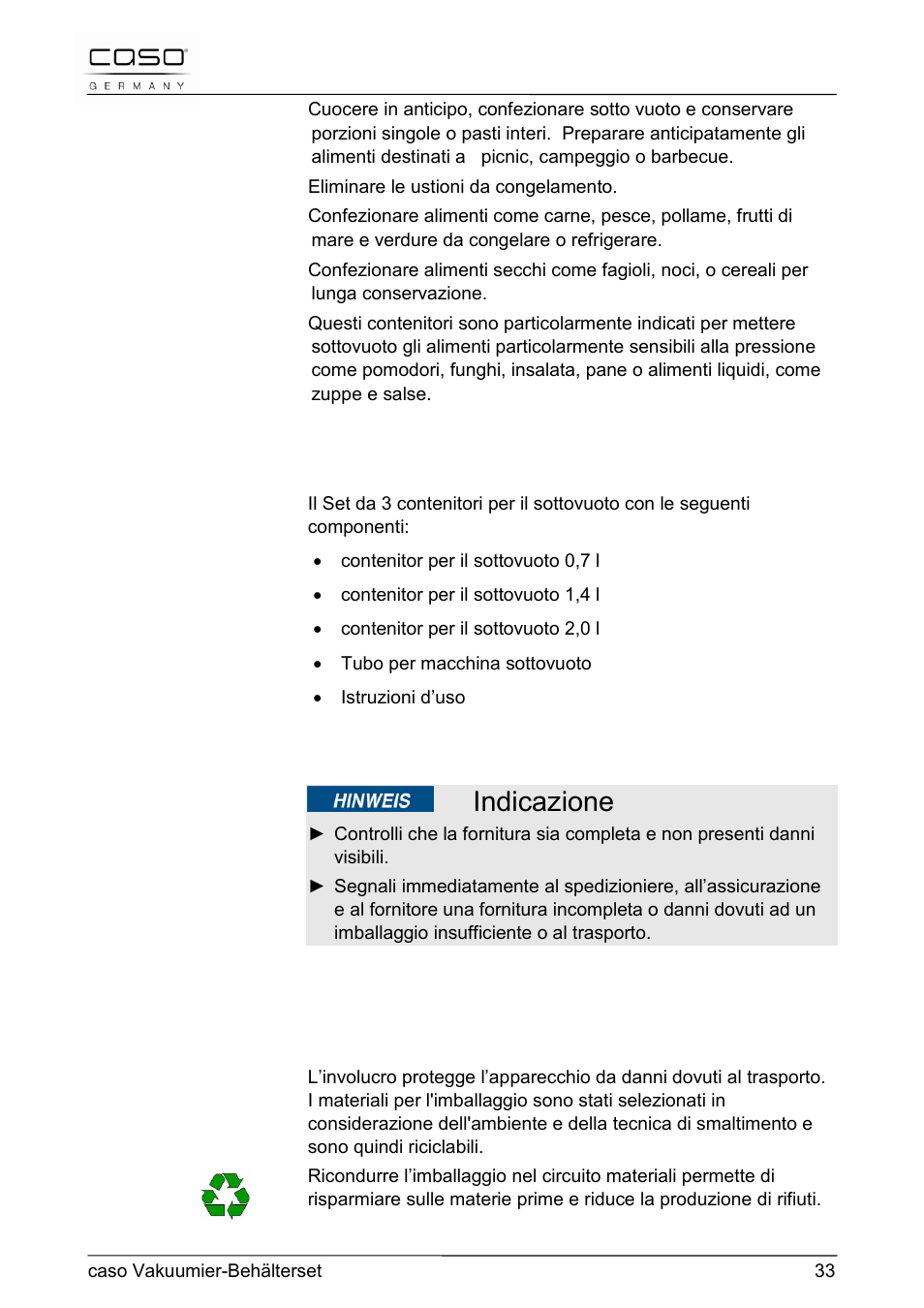 3 insieme della fornitura ed ispezione trasporto, 4 smaltimento dell’involucro, Indicazione | CASO Germany Vacuum Canister Set User Manual | Page 33 / 53