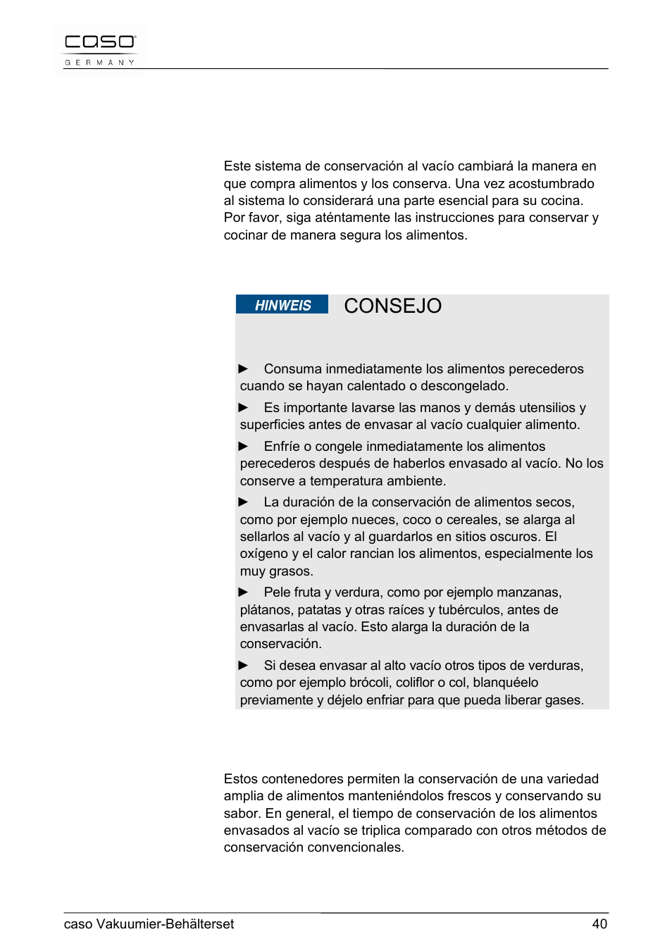 1 funciones, Consejo | CASO Germany Vacuum Canister Set User Manual | Page 40 / 53