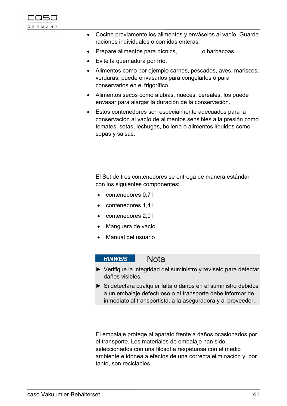 2 ámbito de suministro e inspección de transporte, 3 eliminación del embalaje, Nota | CASO Germany Vacuum Canister Set User Manual | Page 41 / 53