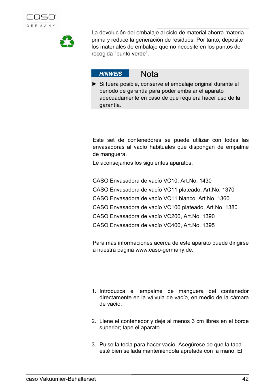 5 aparatos adecuados para el envasado al vacío, Nota | CASO Germany Vacuum Canister Set User Manual | Page 42 / 53