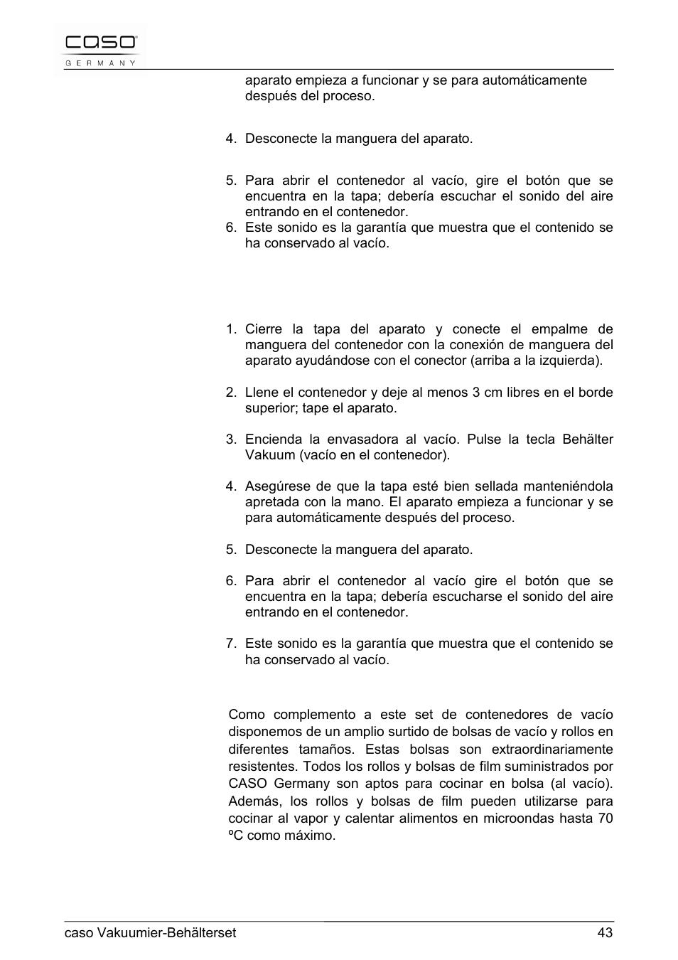 34 envasar al vacío con vc 100 y vc 200 | CASO Germany Vacuum Canister Set User Manual | Page 43 / 53