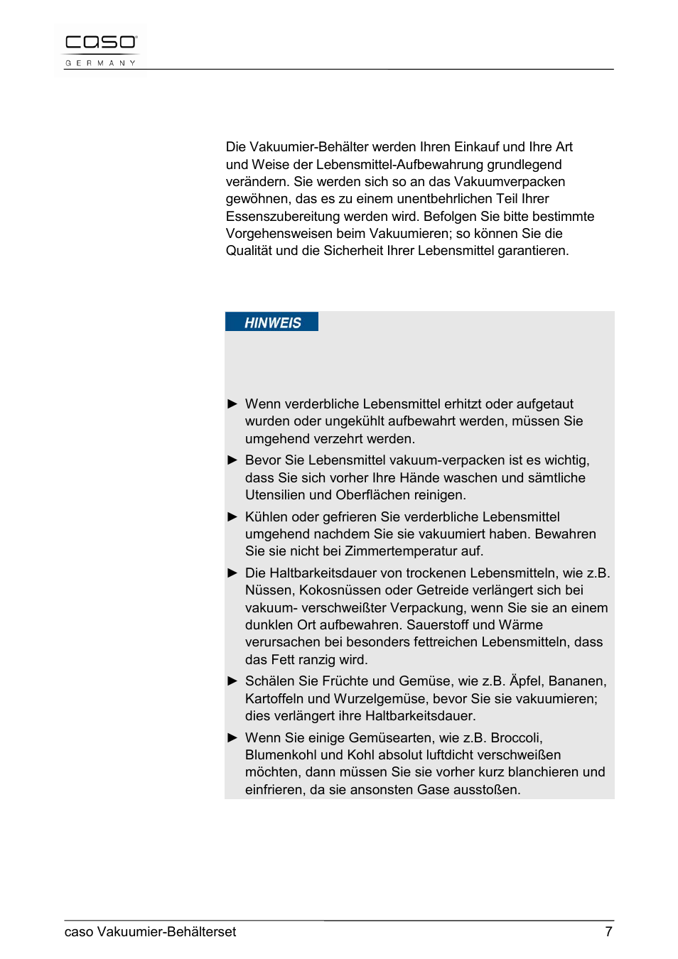 CASO Germany Vacuum Canister Set User Manual | Page 7 / 53