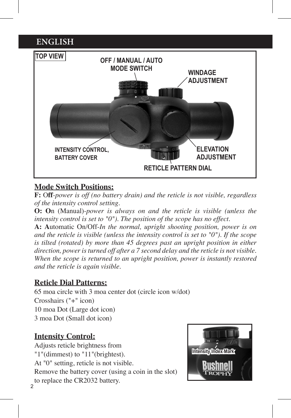 English | Bushnell TROPHY 730132A User Manual | Page 2 / 8