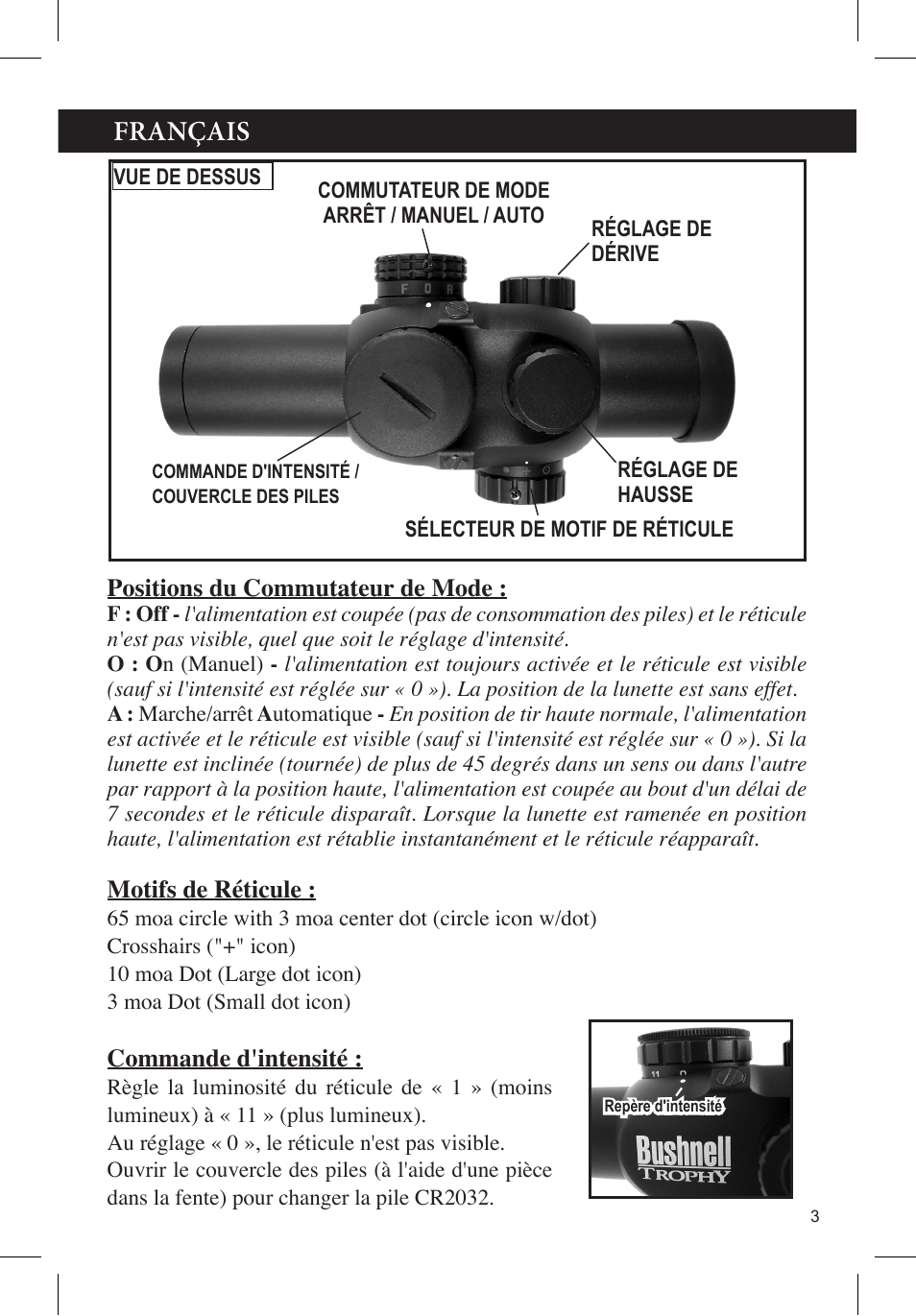 Français | Bushnell TROPHY 730132A User Manual | Page 3 / 8
