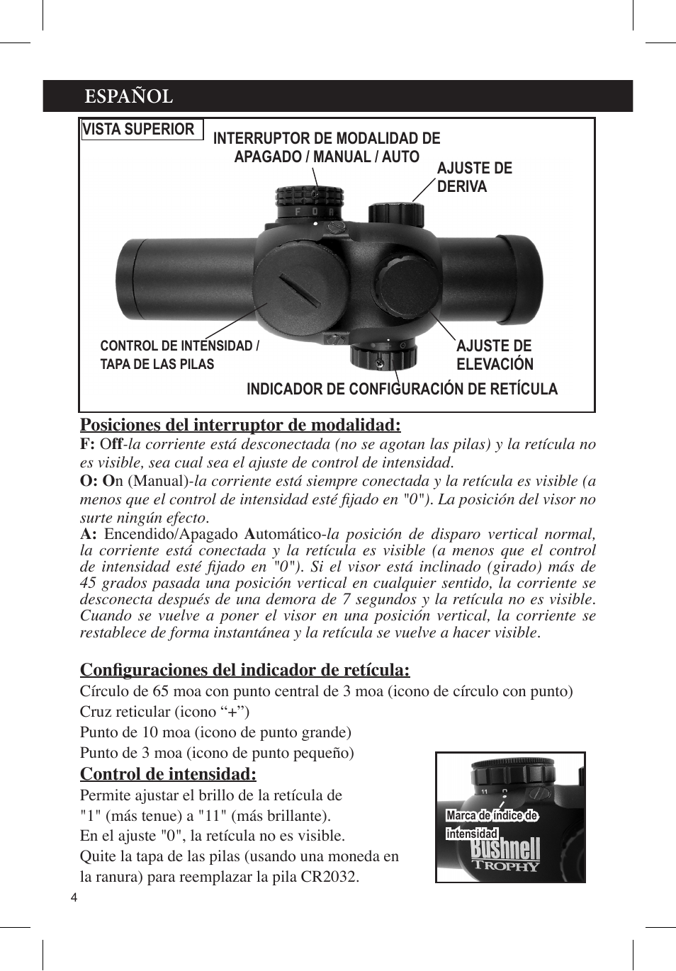 Español | Bushnell TROPHY 730132A User Manual | Page 4 / 8