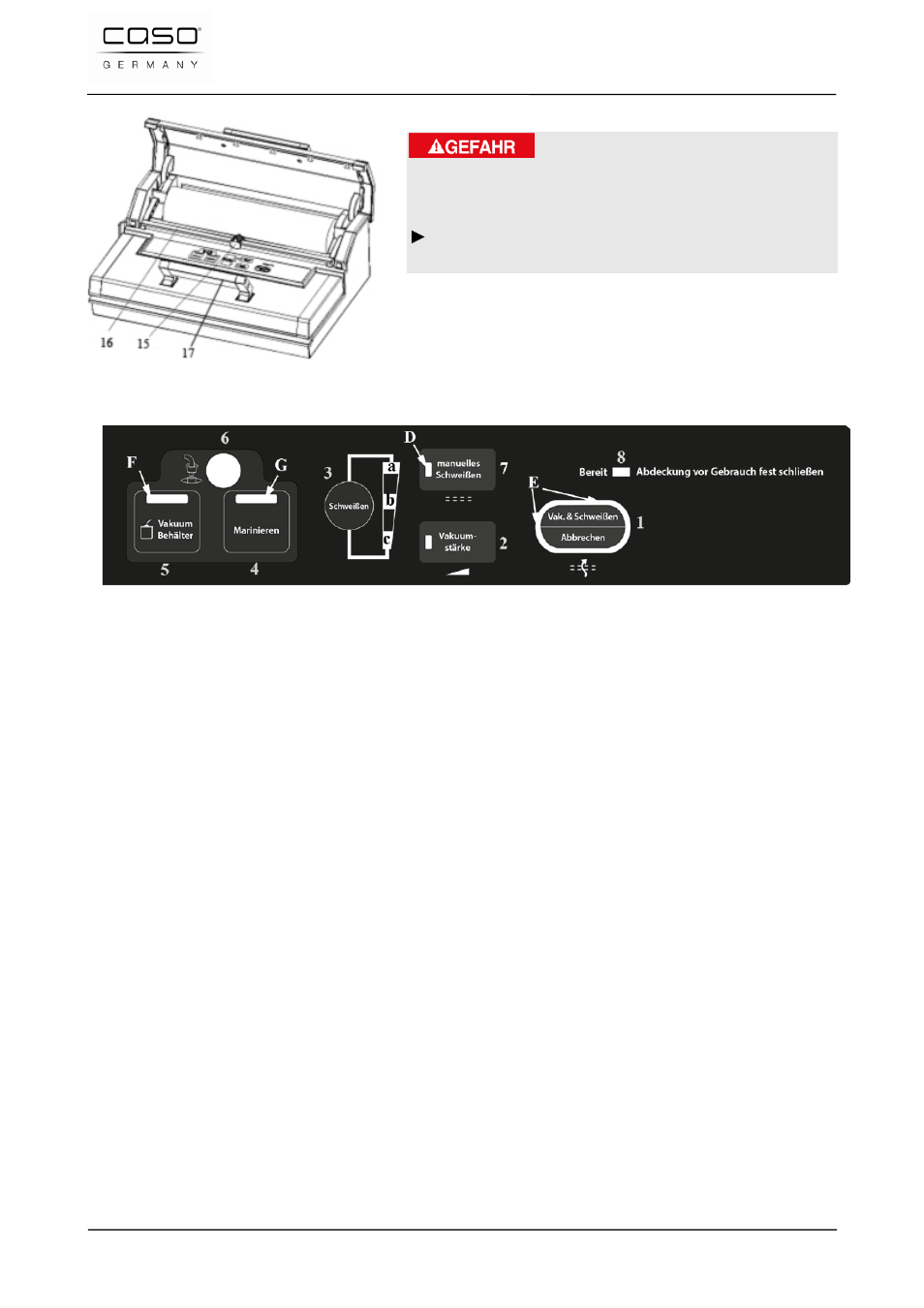 2 control panel, Danger | CASO Germany FastVac 3000 User Manual | Page 37 / 119