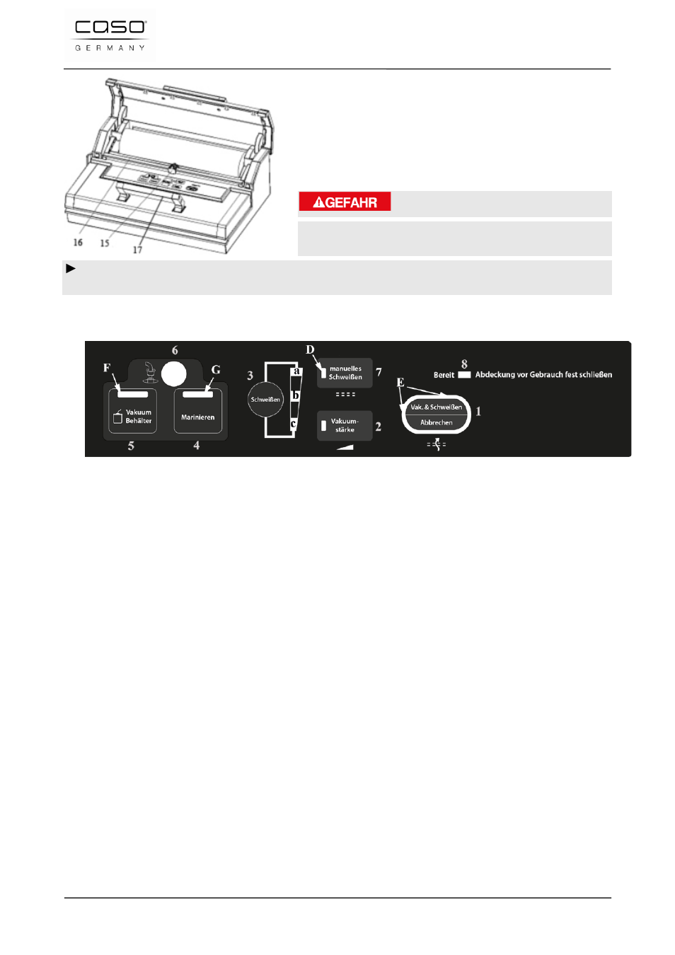 2 elementi di comando, Pericolo | CASO Germany FastVac 3000 User Manual | Page 73 / 119