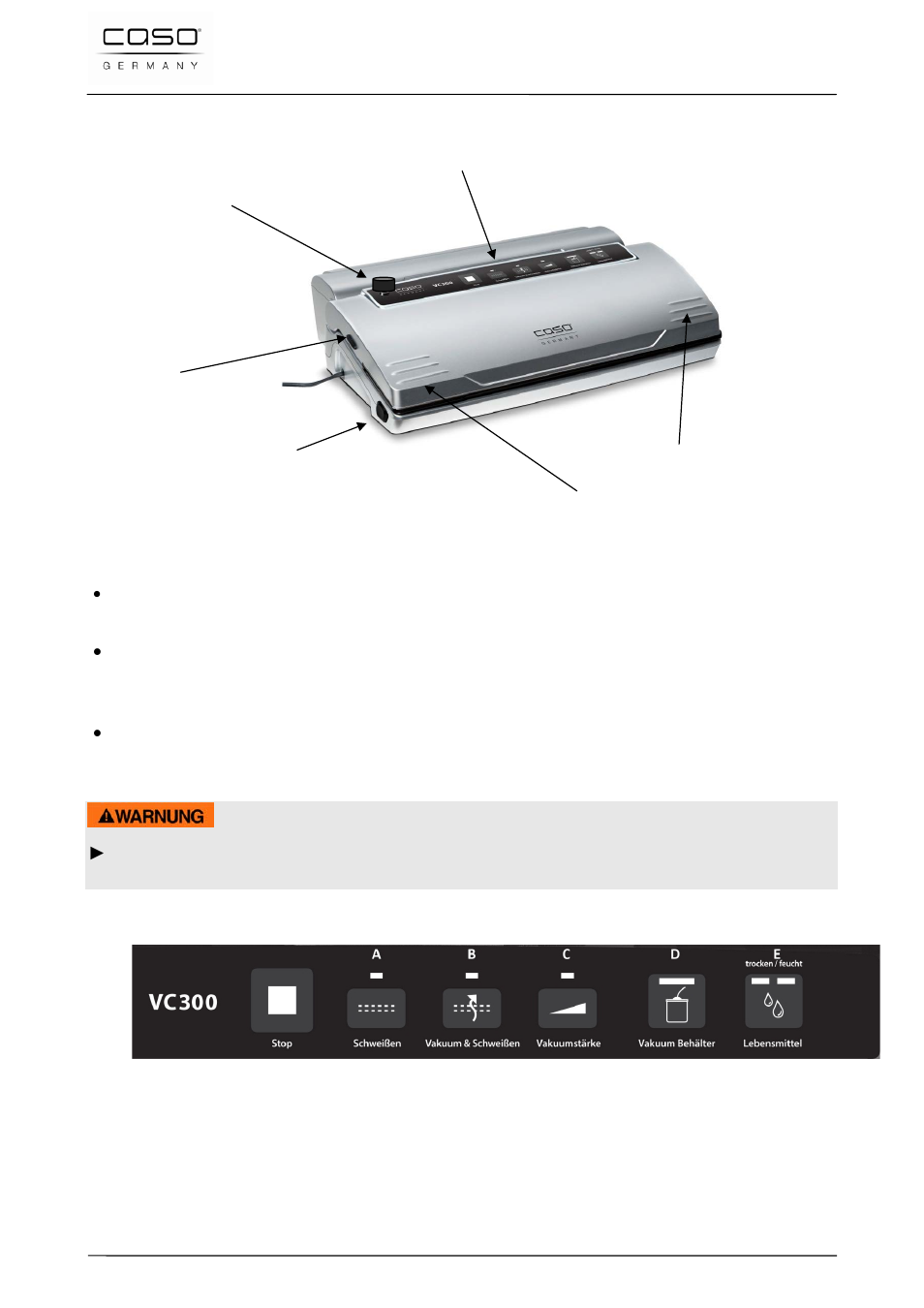 1 panoramica complessiva, 2 elementi di comando, Avviso | CASO Germany VC 300 Vacuum System User Manual | Page 76 / 125