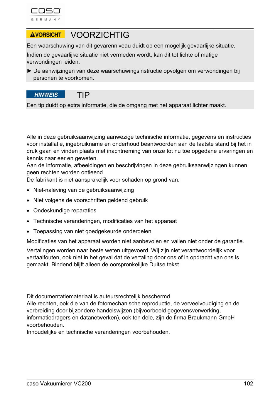 Voorzichtig | CASO Germany VC 200 Vacuum System User Manual | Page 102 / 117